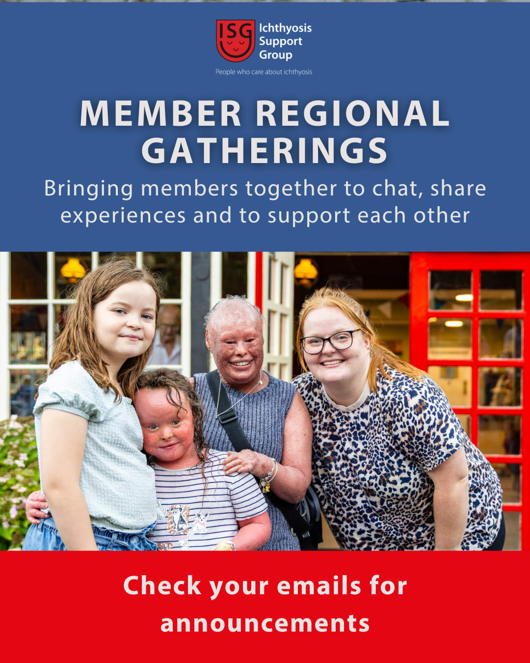 Group of people smiling looking relaxed title says member regional gatherings
